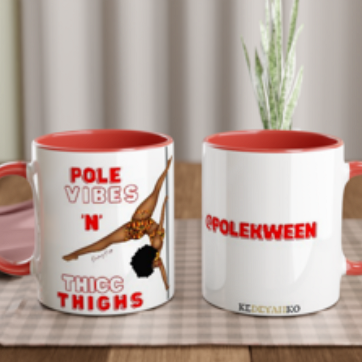 White mug with red coloured rim, inside, and handle. featuring a black pole dancer wearing bright African inspired Afrocentric garter pole shorts and sports top. Bright red knee socks and clear platform heels in an extended butterfly pole pose with slogan affirmation pole vibes n thicc vibes