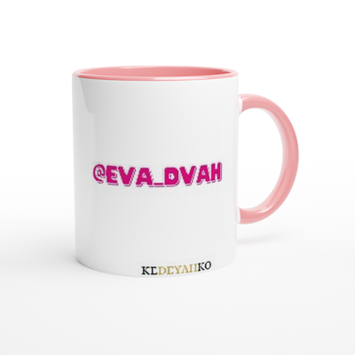 White mug with pink coloured rim, inside, and handle. featuring a black pole dancer wearing bright African inspired Afrocentric garter pole shorts and sports top. Bright pink knee socks and clear platform heels in an extended butterfly pole pose with slogan affirmation pole vibes n thicc vibes