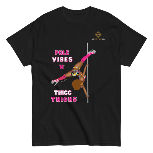 The Ebony-Rose black pole dancer black t-shirt  is your 'go-to' pole top. Ebony-Rose celebrates thicc thighs, black girl magic & body positivity. Proud of her natural 4C hair, beauty and a wearer of African inspired afrofusion polewear, this high quality t-shirt celebrates and represents black girls who pole.