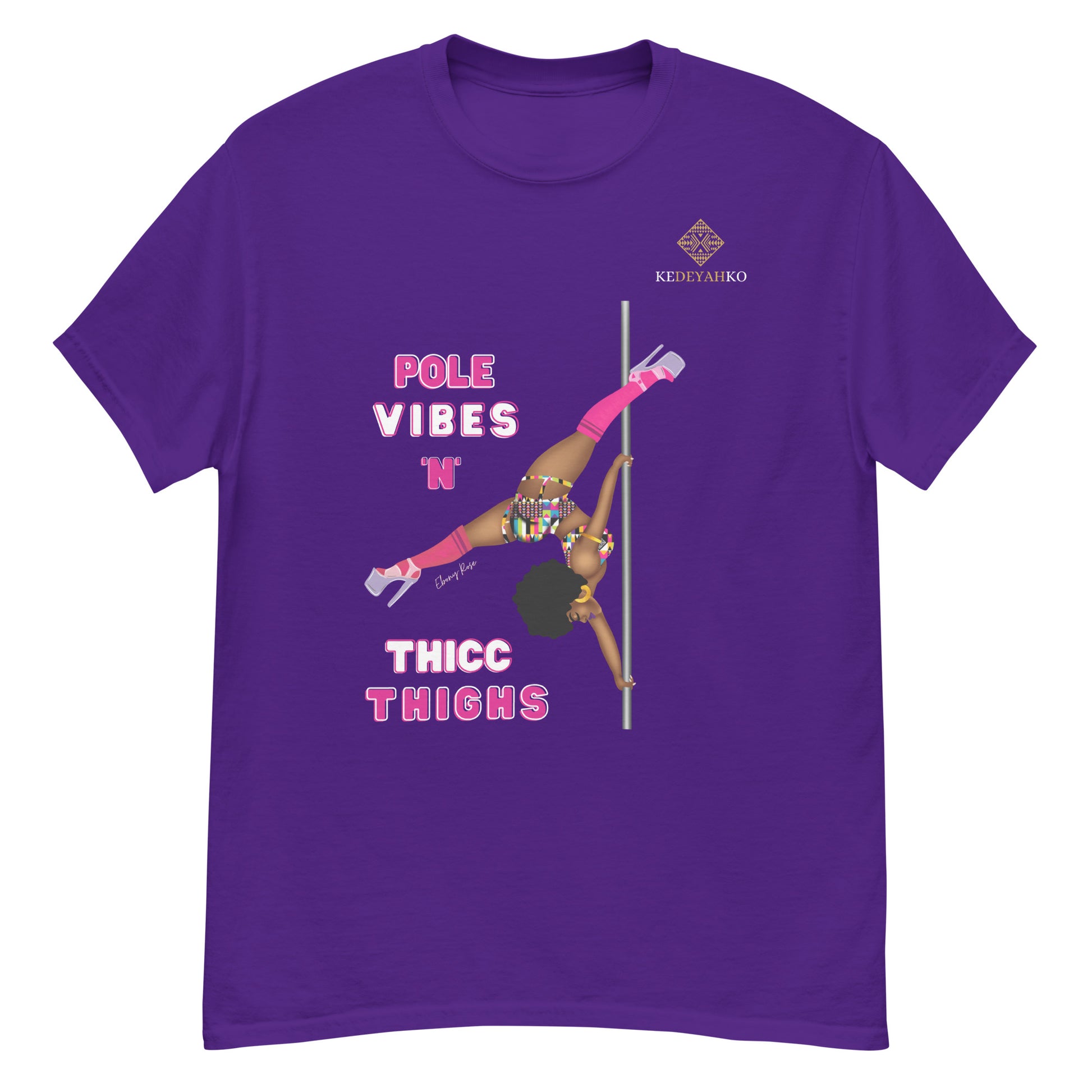 Purple unisex t-shirt  featuring a black pole dancer wearing bright African inspired Afrocentric garter pole shorts and sports top. Bright pink knee socks and clear platform heels in an extended butterfly pole pose with slogan affirmation pole vibes n thicc vibes