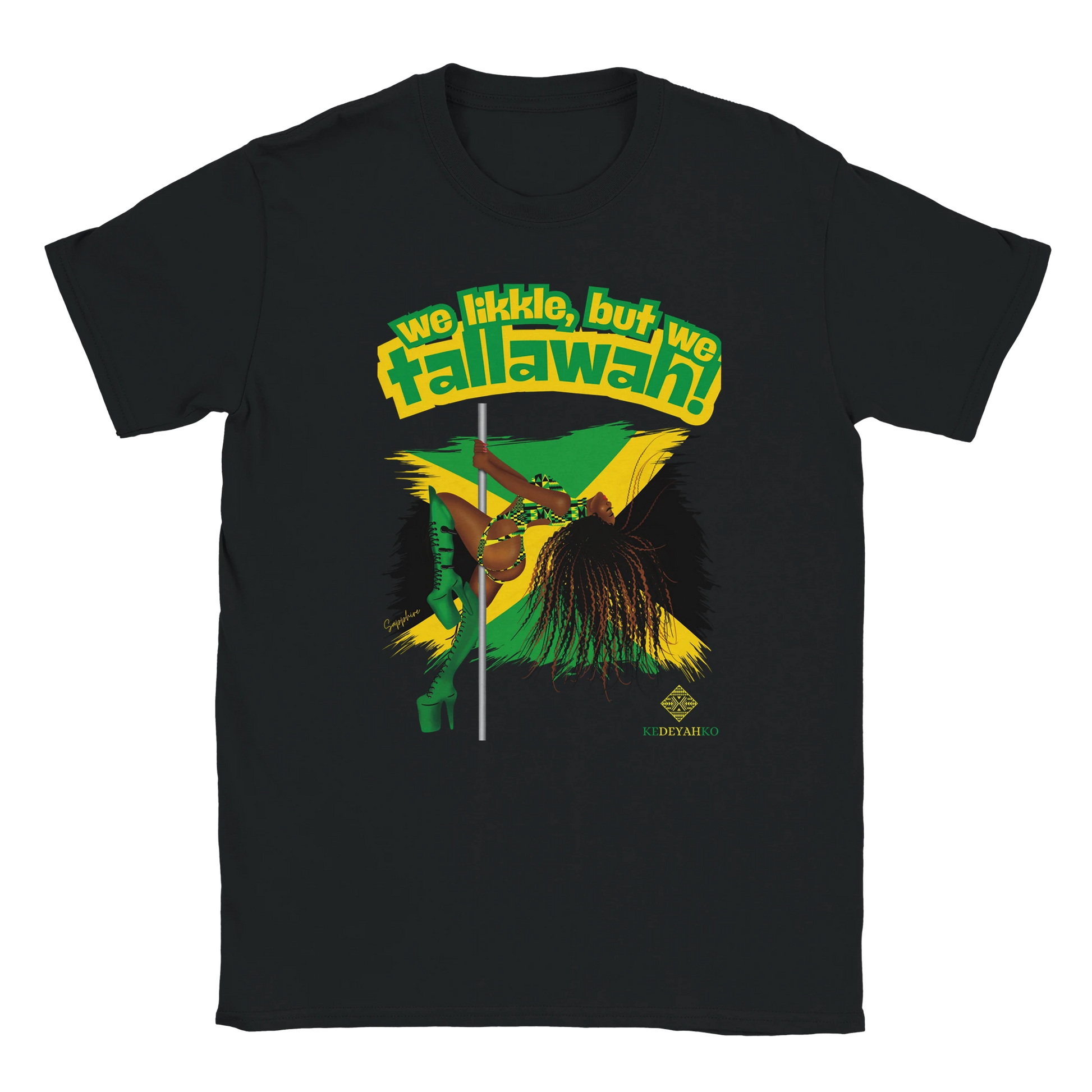 Black Tallawah Fundraiser Tee for pole dancers and pole fitness lovers supporting Jamaica Hurricane Melissa Relief Fund, unisex fit S–3XL.