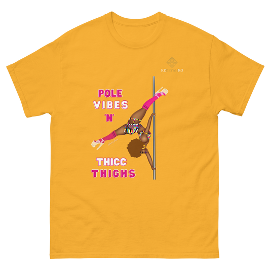 Yellow unisex t-shirt  featuring a black pole dancer wearing bright African inspired Afrocentric garter pole shorts and sports top. Bright pink knee socks and clear platform heels in an extended butterfly pole pose with slogan affirmation pole vibes n thicc vibes
