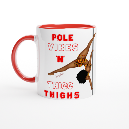 White mug with red coloured rim, inside, and handle. featuring a black pole dancer wearing bright African inspired Afrocentric garter pole shorts and sports top. Bright red knee socks and clear platform heels in an extended butterfly pole pose with slogan affirmation pole vibes n thicc vibes